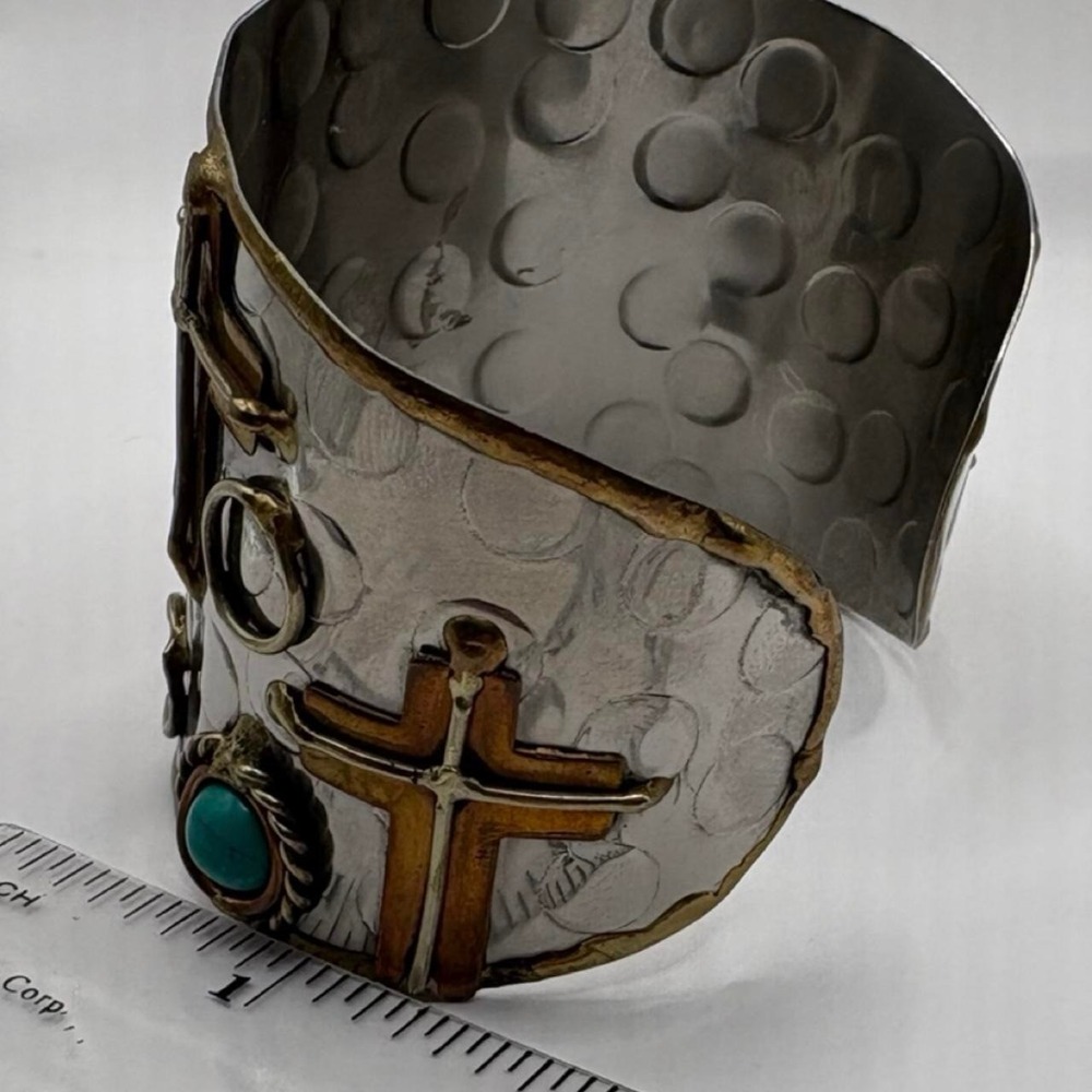 Artisan Mixed Metal Cross Cuff Bracelet Turquoise Coral Southwestern Brutalist - Picture 2 of 8